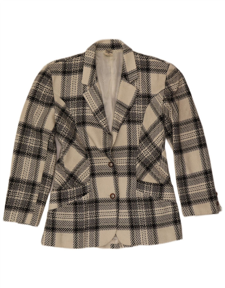 Vintage mujer 2 botones Blazer chaqueta Reino Unido 12 medio de lana a cuadros blanco
