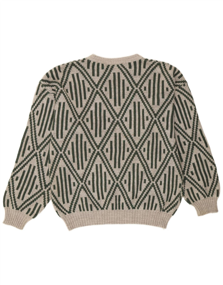Vintage hombres cuello redondo jersey suéter medio gris geométrico acrílico