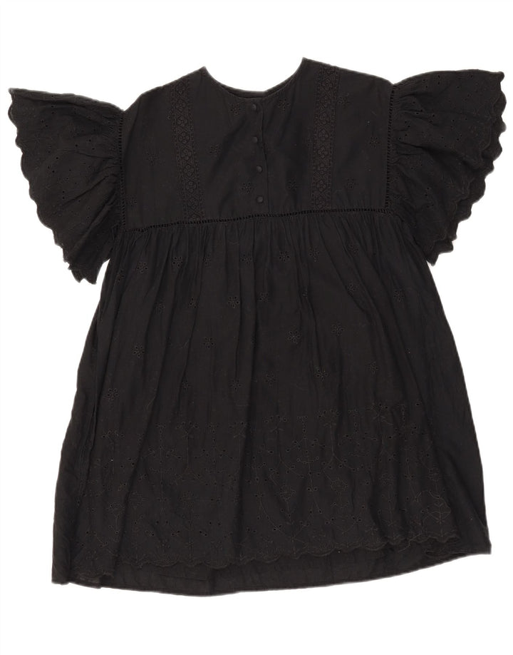 ZARA Vestido Niña Batwing A-Line 9-10 Años Algodón Floral Negro