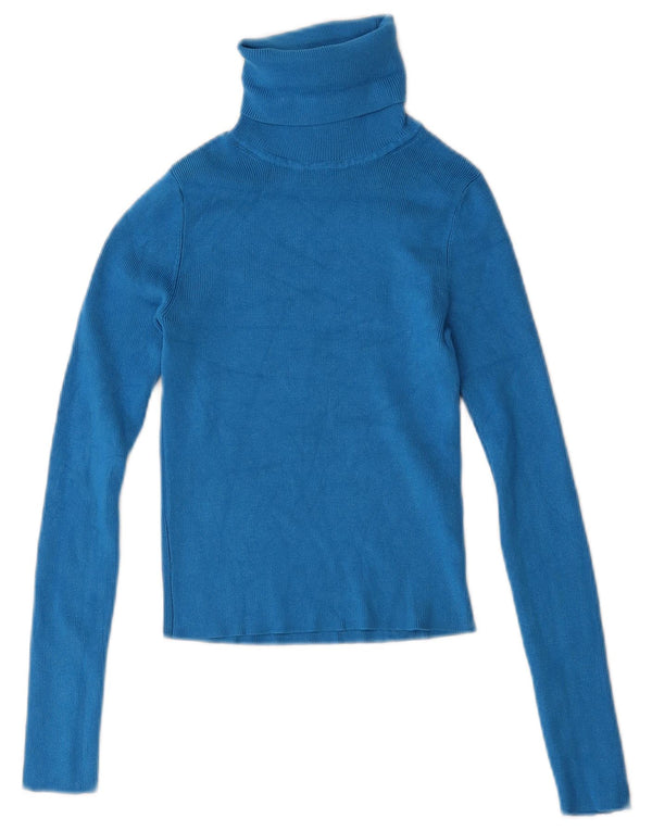 Zara Mujer Crop Roll Neck Top Manga Larga UK 8 Small Viscosa Azul