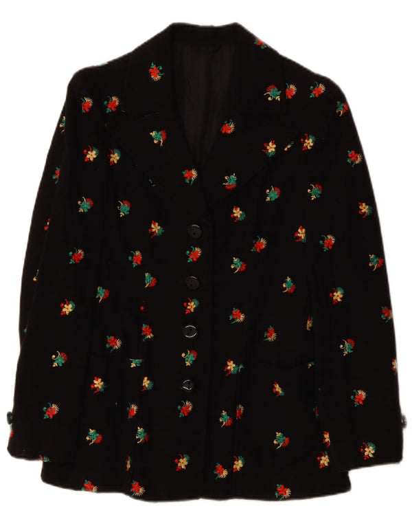 VINTAGE Mujer 4 Botones Blazer Chaqueta Reino Unido 10 Pequeño Negro Floral