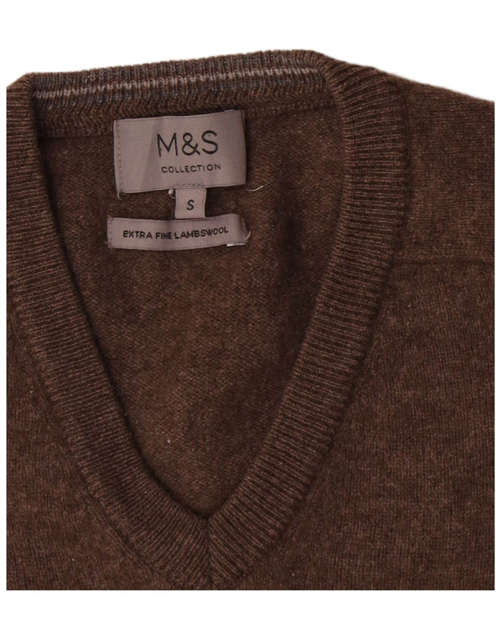 Marks & Spencer Jersey con cuello en V para hombre, talla pequeña, lana de cordero marrón