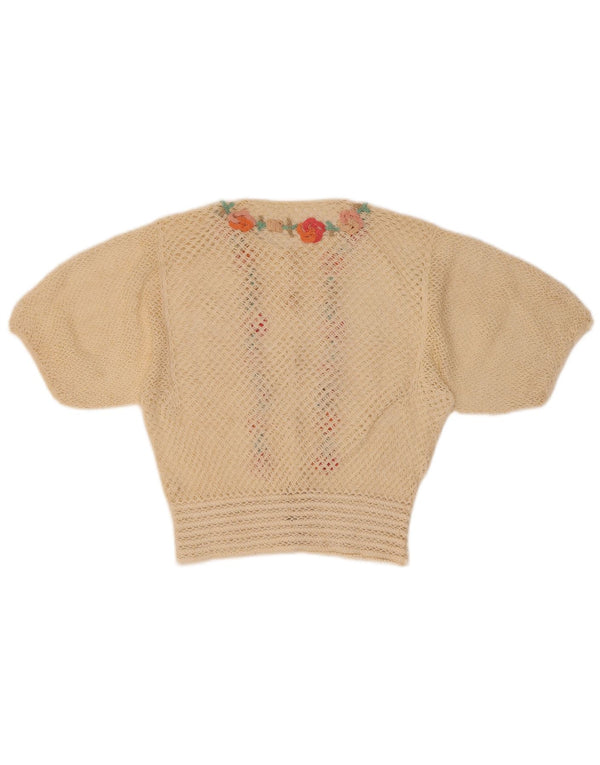 Vintage mujer crop manga corta cardigan suéter Reino Unido 8 pequeño beige floral