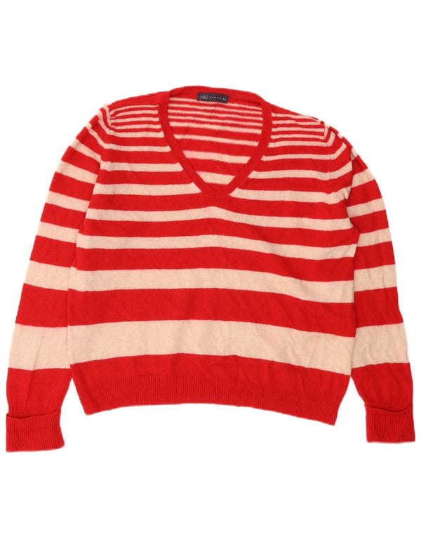 Marks & Spencer Jersey con cuello en V para mujer UK 40 XL Lana a rayas rojas