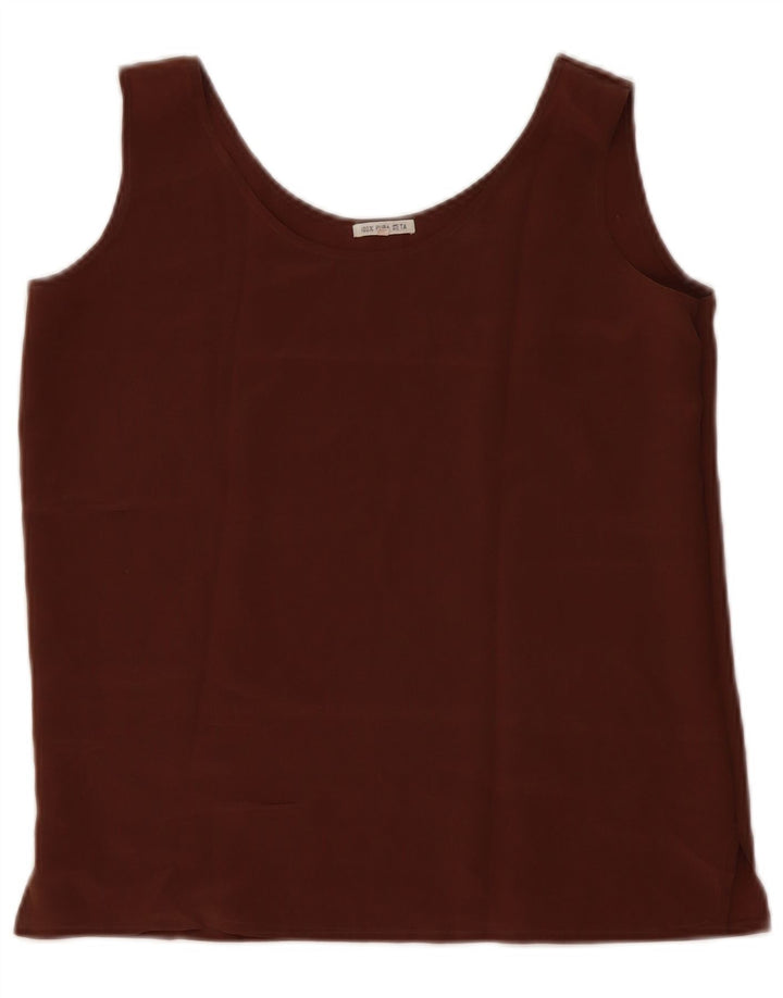 Vintage mujer blusa sin mangas Top Reino Unido 10 pequeña seda marrón