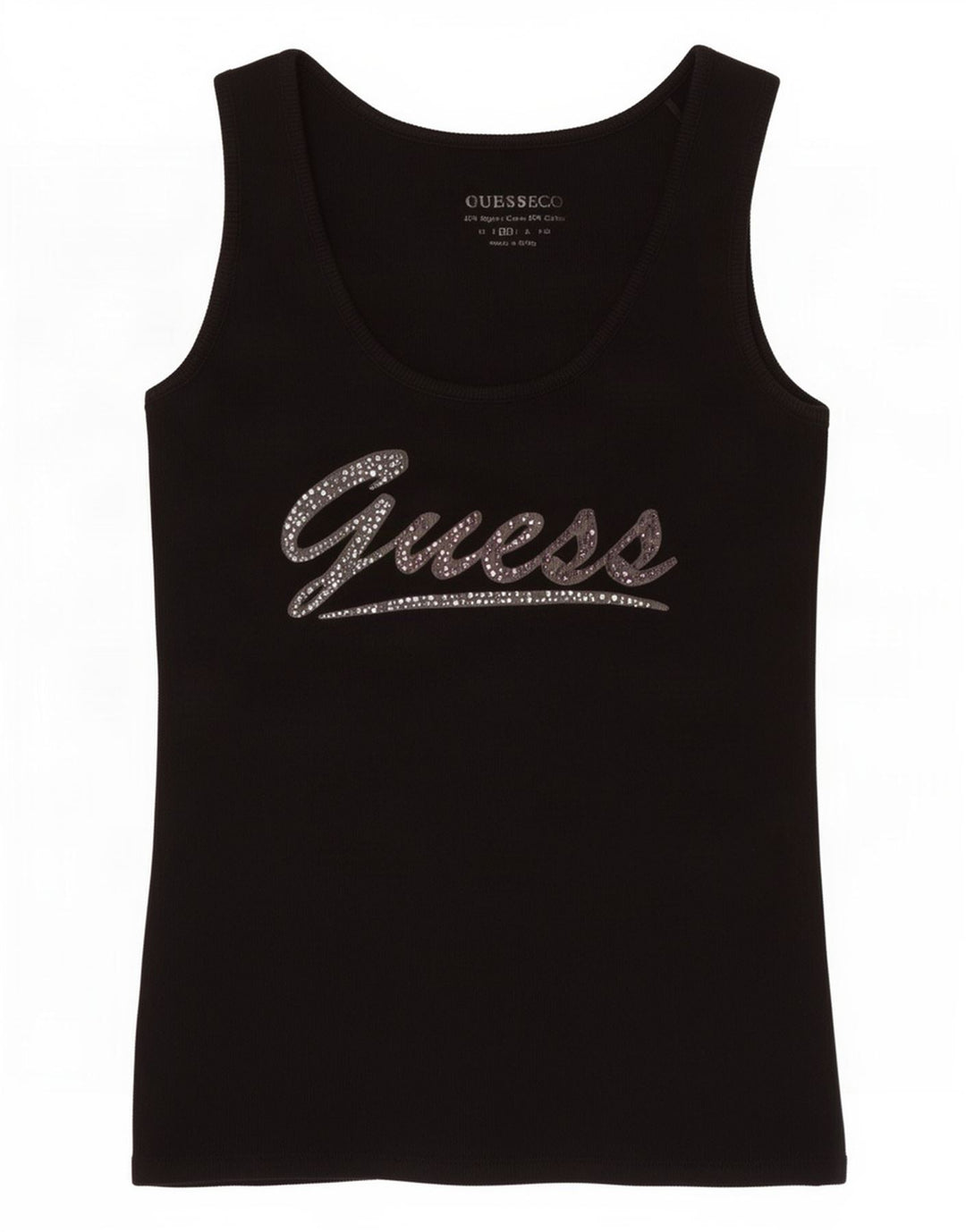 Guess Top sin mangas gráfico para mujer UK 12 Medium Black Cotton