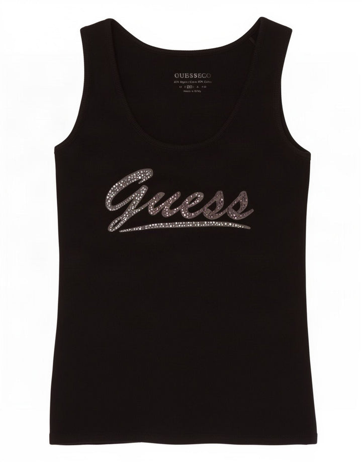Guess Top sin mangas gráfico para mujer UK 12 Medium Black Cotton