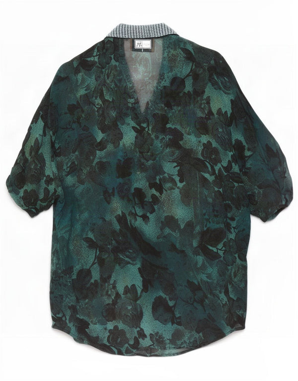 Vintage mujer camisa de manga corta blusa Reino Unido 14 medio verde floral