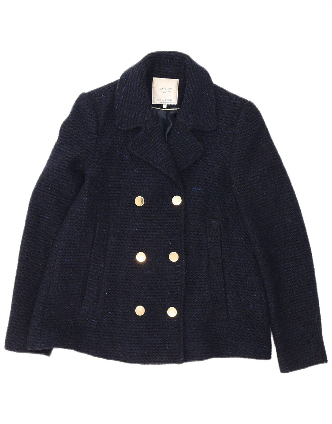 ZARA Womens Trafaluc Pea Coat UK 10 Small Navy Blue Wool