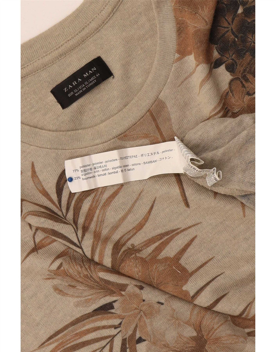Zara Hombre Camiseta Gráfica Top XL Poliéster Floral Beige