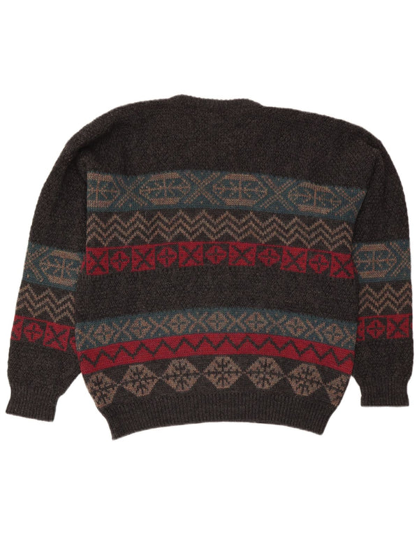 Vintage hombres cuello redondo jersey suéter XL gris Fair Isle lana