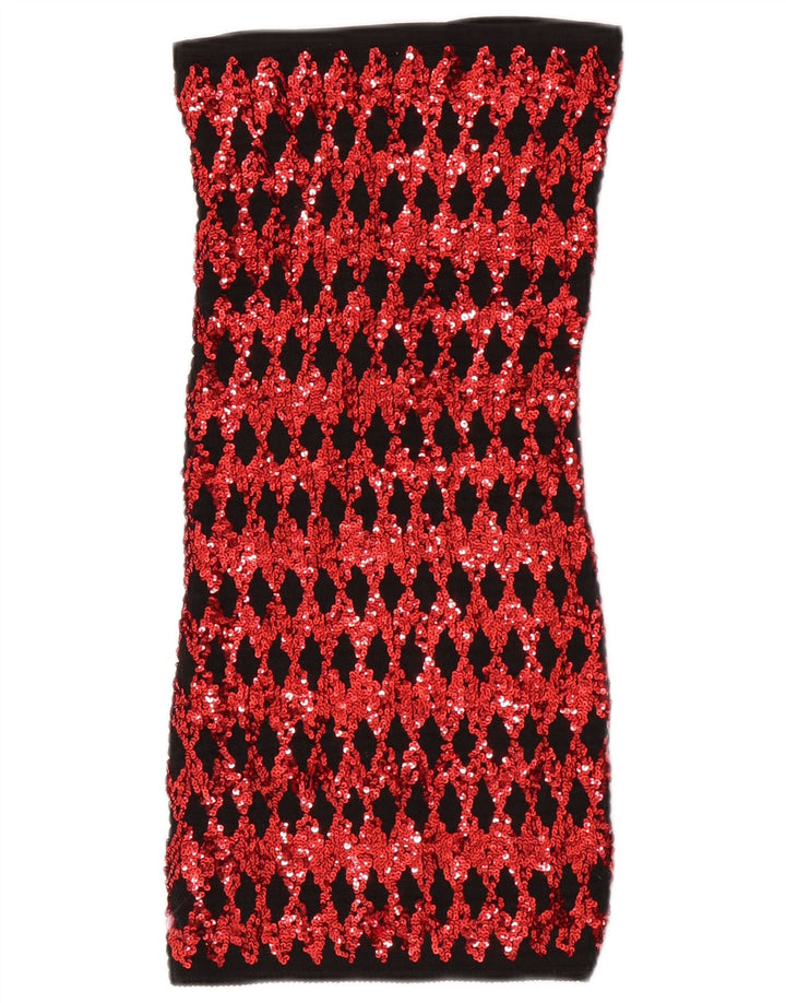 Vintage mujer mini vestido sin tirantes Reino Unido 4 XS rojo Argyle/Diamond poliéster