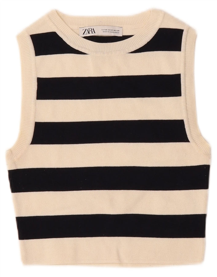 Zara Top corto sin mangas para mujer UK 42 Viscosa a rayas blancas medianas