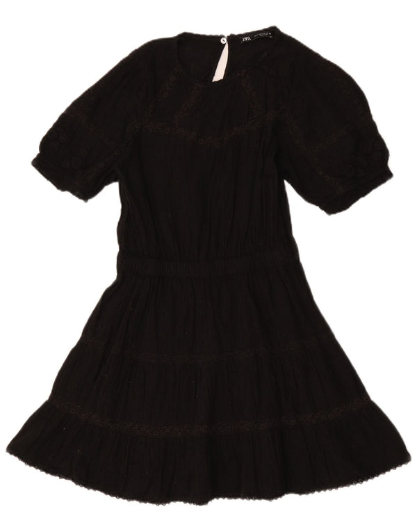 Zara Mujer Vestido Escalonado UK 40 Pequeño Negro Floral
