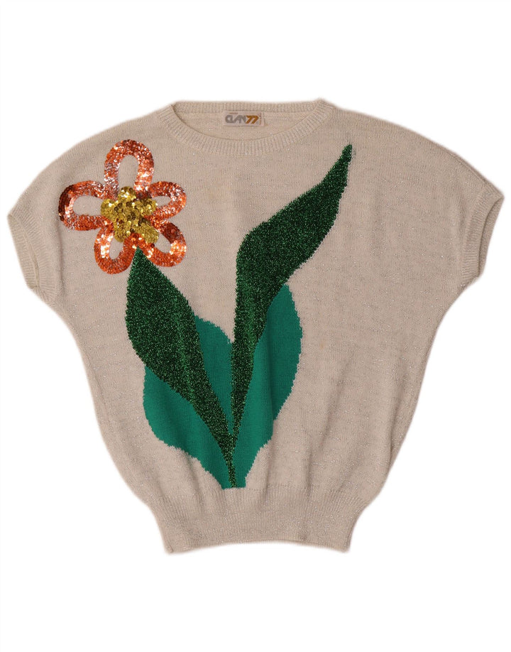 VINTAGE Mujer Barco Cuello Jumper Suéter Reino Unido 16 Grande Off White Floral