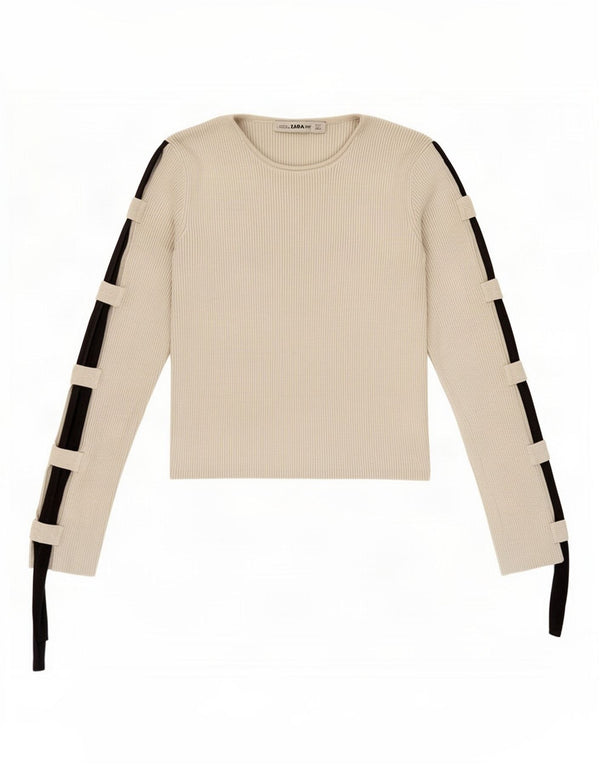 Zara Mujer Crop Top Manga Larga UK 8 Small Gris Colorblock Viscosa