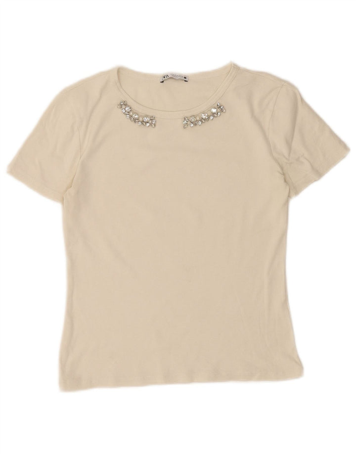 Zara Camiseta Mujer Top UK 12 Medium Blanco