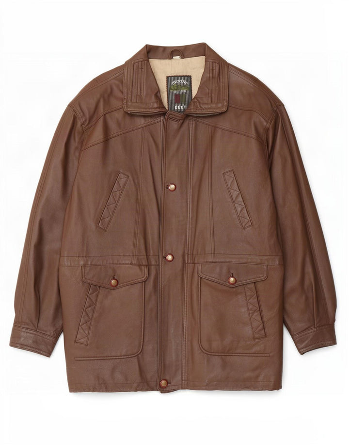Abrigo de cuero liso para hombre IT 52 XL Marrón