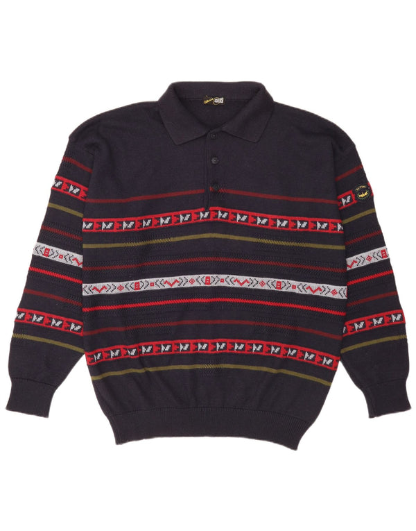 Vintage hombres polo cuello jersey suéter XL azul marino rayas lana
