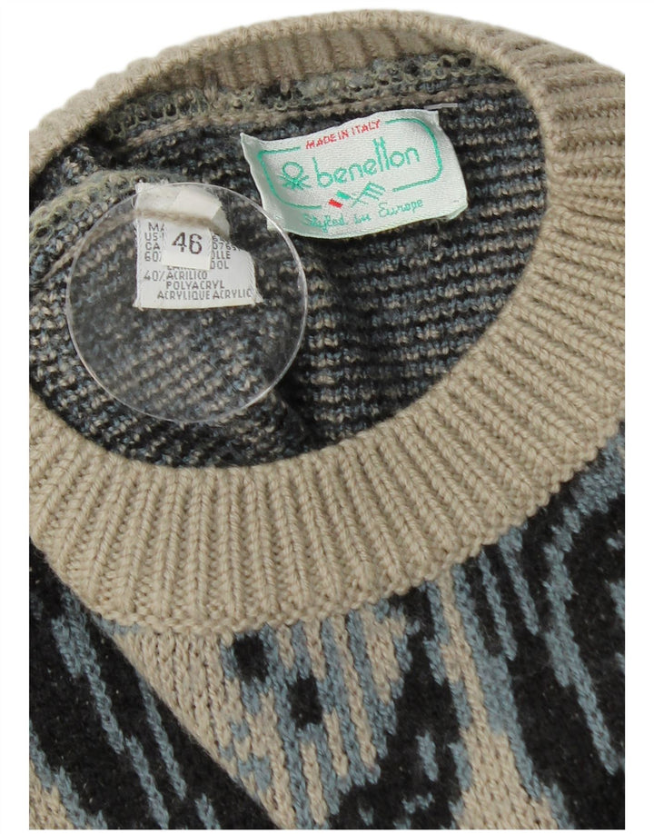 BENETTON Suéter largo con cuello redondo para hombre IT 46 Large Grey Floral