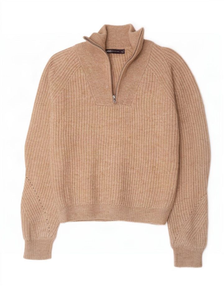 Marks & Spencer Suéter tipo jersey con cuello y cremallera para mujer UK 10 Small Brown Moteado