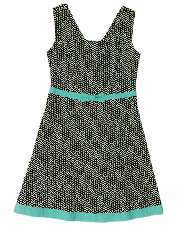 Vintage mujer sin mangas A-Line vestido Reino Unido 12 verde medio manchado
