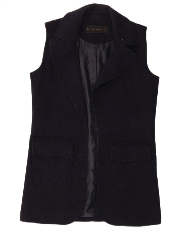 Zara Mujer Chaleco Abierto Largo UK 10 Small Lana Azul Marino