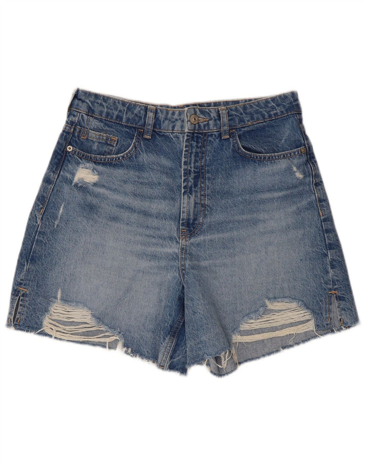 Zara Mujer Shorts Vaqueros Desgastados De Talle Alto W30 Azul Medio