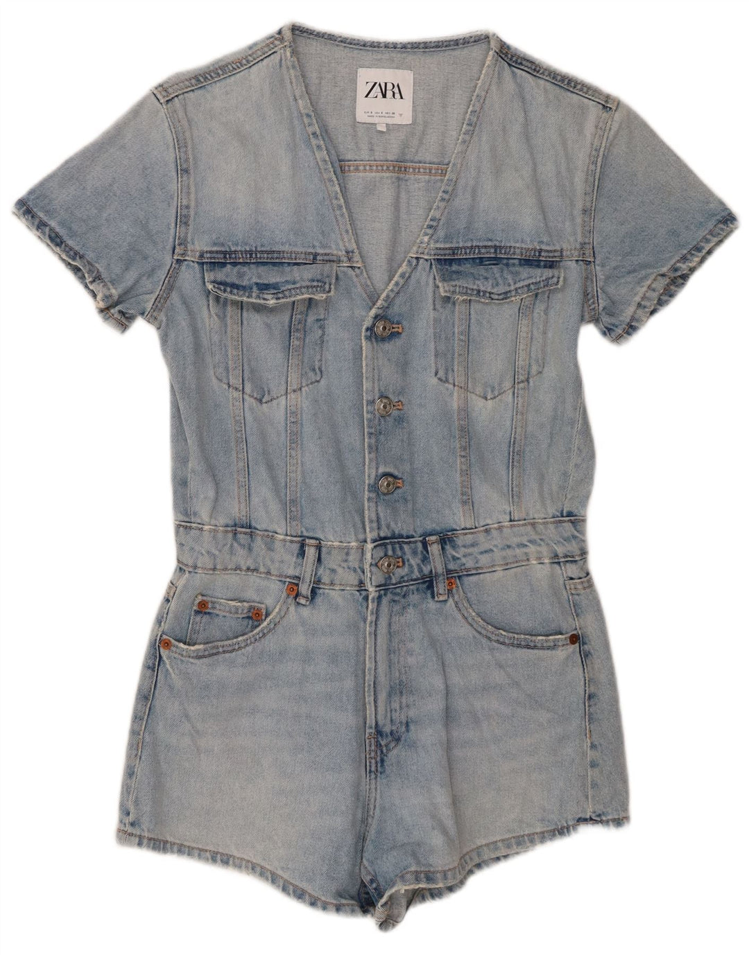 Zara Mujer Mono Corto De Mezclilla Desgastado Reino Unido 10 Pequeño Algodón Azul
