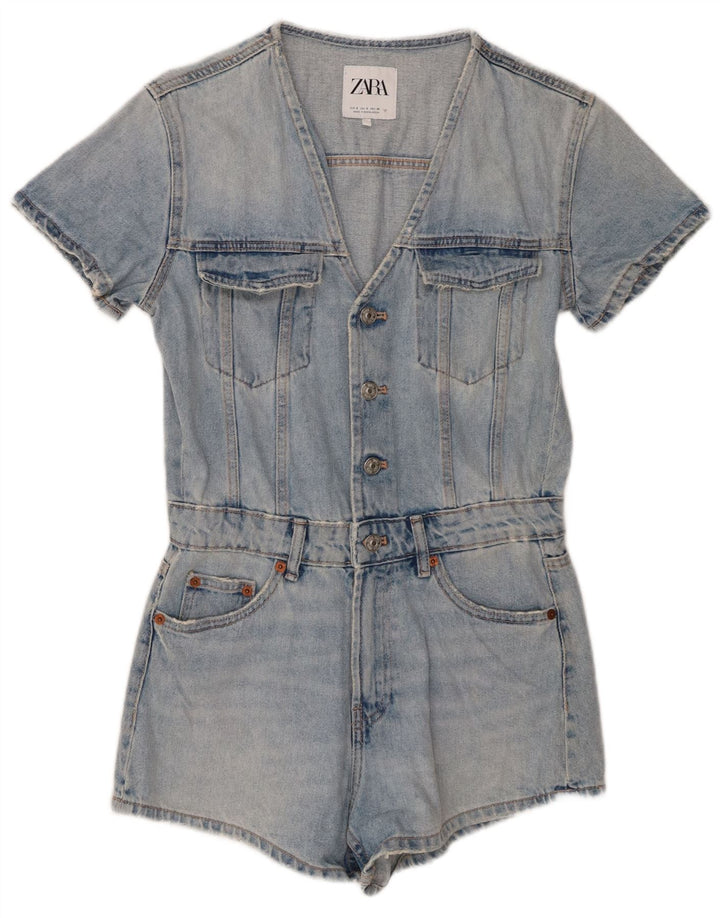 Zara Mujer Mono Corto De Mezclilla Desgastado Reino Unido 10 Pequeño Algodón Azul