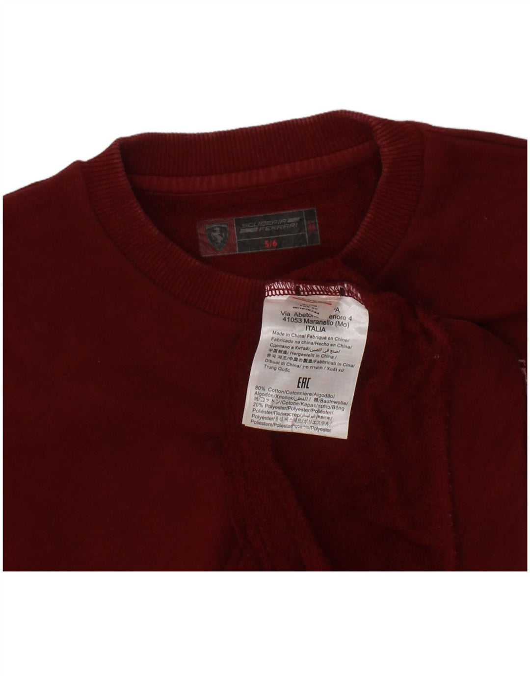 FERRARI Sudadera para niño Jumper 5-6 años Borgoña Algodón