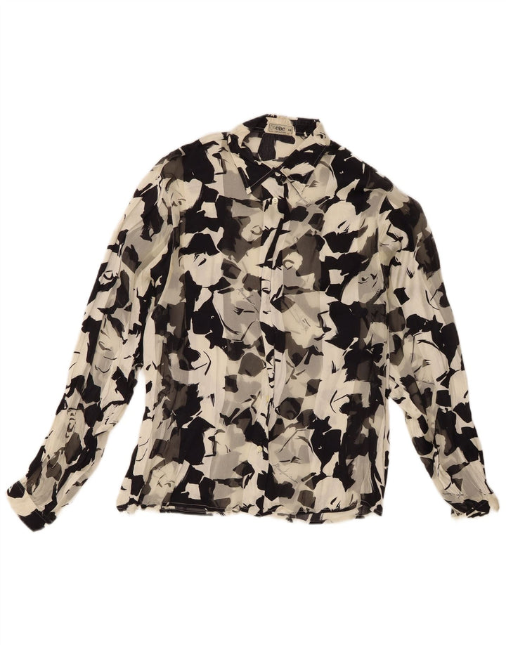 Vintage mujer patrón abstracto ver a través de camisa blusa IT 44 medio negro