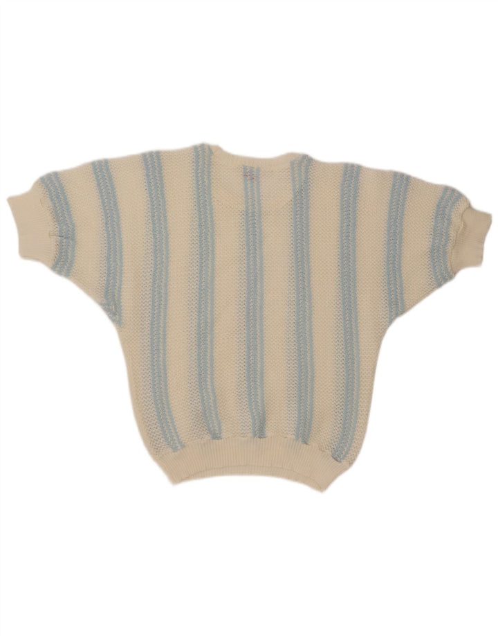 VINTAGE Mujer Barco Cuello Jumper Suéter Reino Unido 12 Medio Off Blanco Rayas