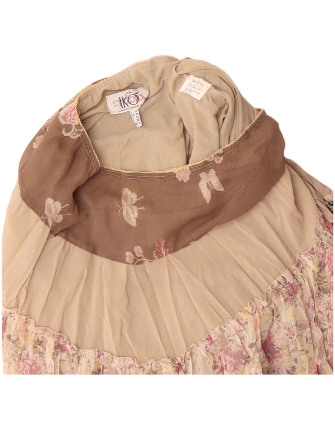 Vintage mujer cintura baja falda gitana Reino Unido 10 pequeño W30 poliéster beige