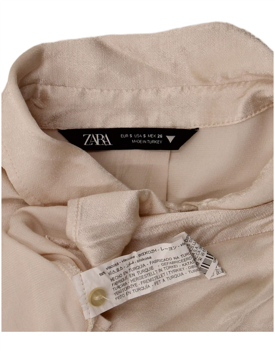 Zara Mujer Crop Blusa Camisera Extragrande UK 10 Small Viscosa Beige