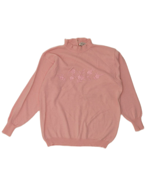 Vintage mujer cuello tortuga jersey suéter Reino Unido 12 medio rosa floral retro