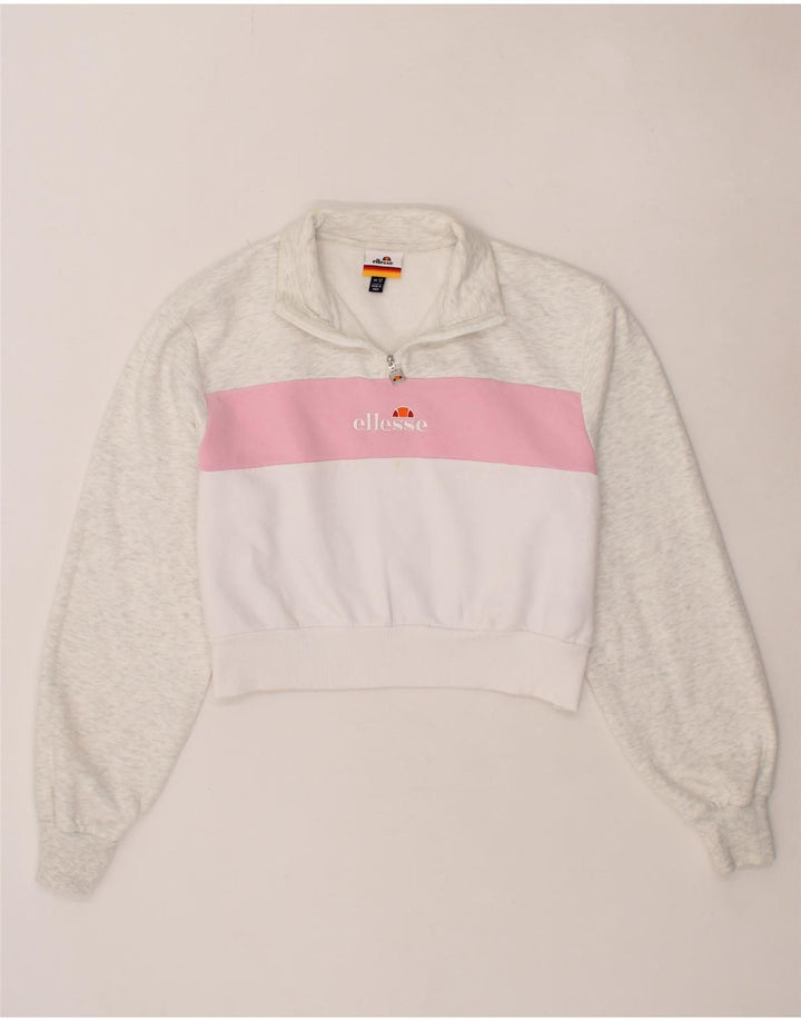 ELLESSE Womens Graphic Zip Neck Sweatshirt Jumper UK 12 Medium White Vintage Ellesse and Second-Hand Ellesse from Messina Hembry 