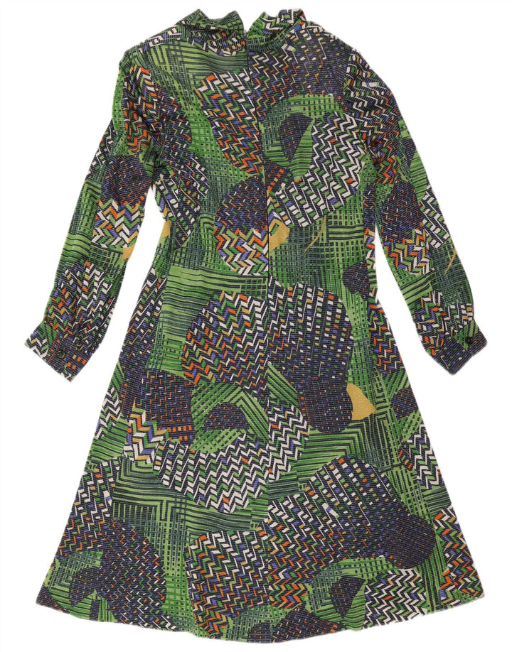 Vintage mujer manga larga A-Line vestido Reino Unido 14 patchwork verde medio
