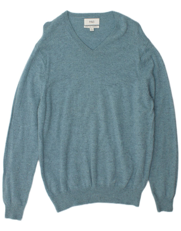 Marks & Spencer Mens V-Neck Jumper Sweater XL Blue Flecked Lambswool