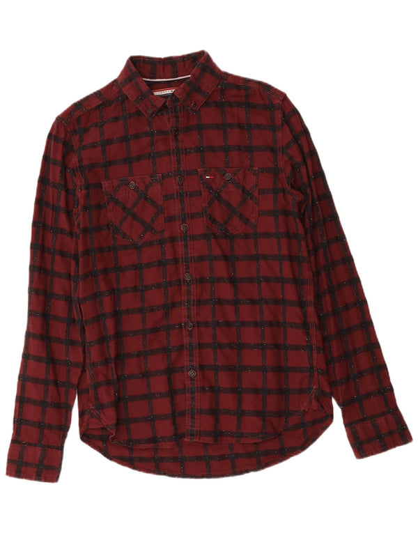 Tommy Hilfiger Mens Flannel Shirt Small Burgundy Check Cotton