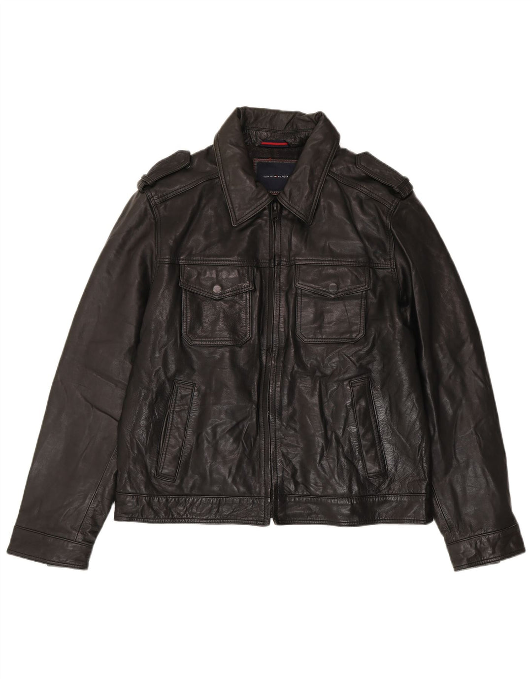 Tommy Hilfiger Chaqueta de cuero militar para hombre Reino Unido 40 Grande Negro