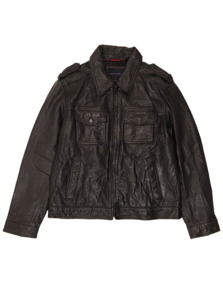 Tommy Hilfiger Chaqueta de cuero militar para hombre Reino Unido 40 Grande Negro