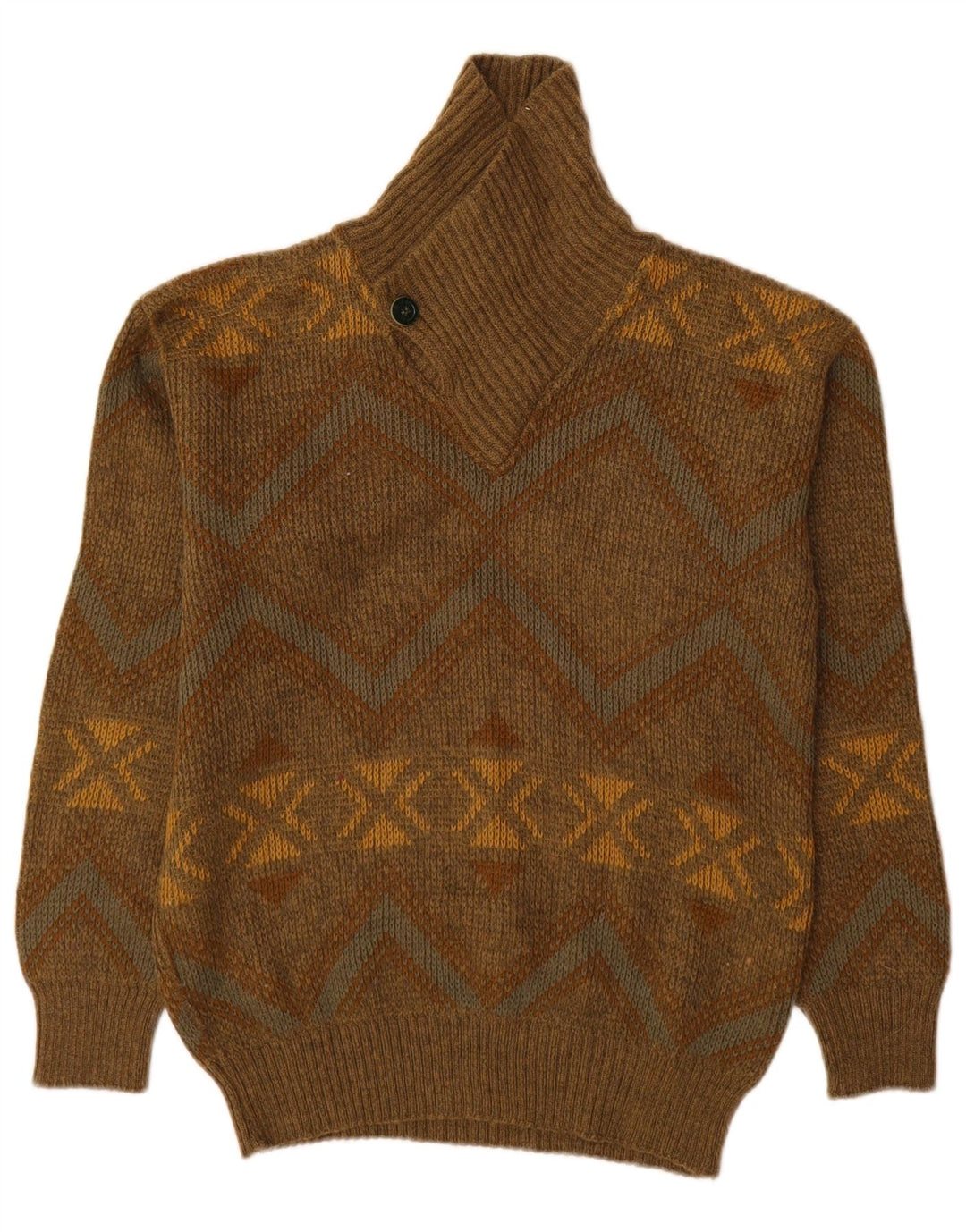 Vintage hombres chal cuello jersey suéter IT 48 medio caqui geométrico