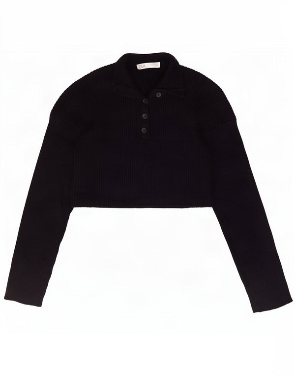 Zara Mujer Crop Button Neck Jumper Sweater UK 10 Small Azul Marino Algodón