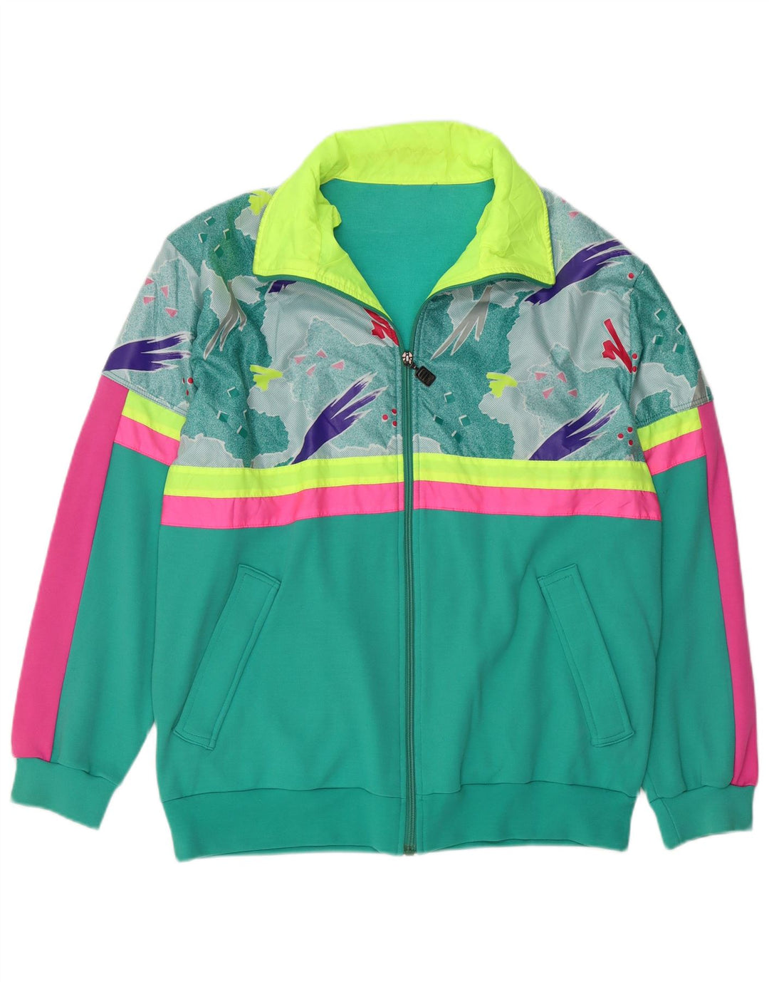 VINTAGE Hombres Chándal Top Chaqueta Grande Verde Geométrico