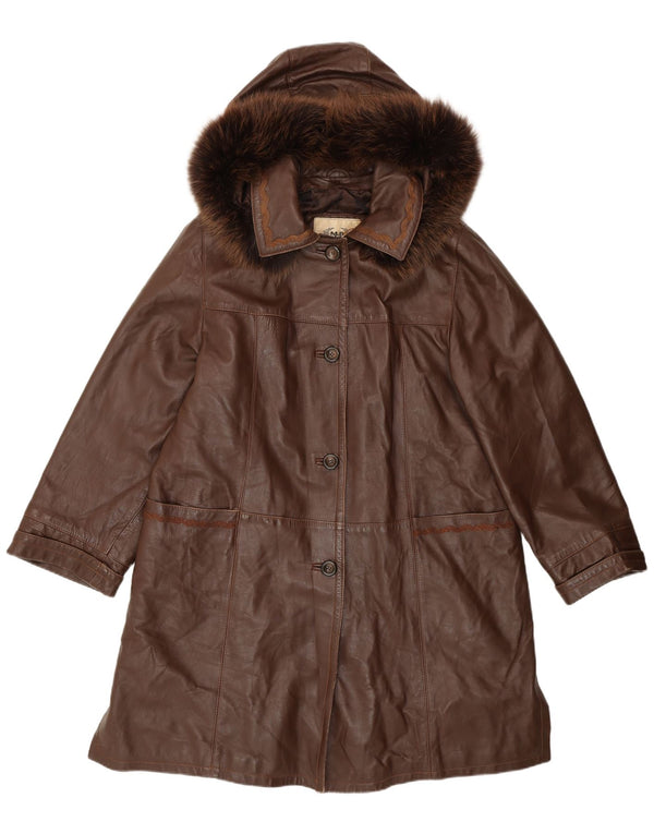 Vintage mujer con capucha abrigo de cuero holgado IT 44 cuero marrón medio