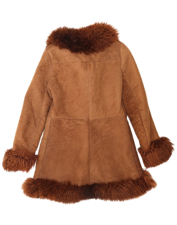 Vintage mujer shearling abrigo Reino Unido 8 pequeño patchwork marrón