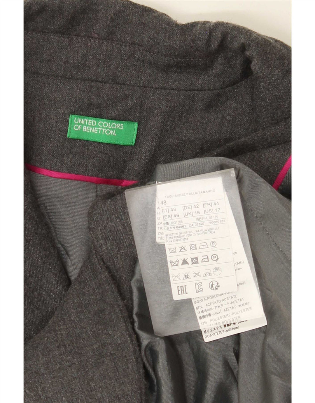 Benetton Chaqueta Americana De 2 Botones Para Mujer UK 46 Large Lana Gris