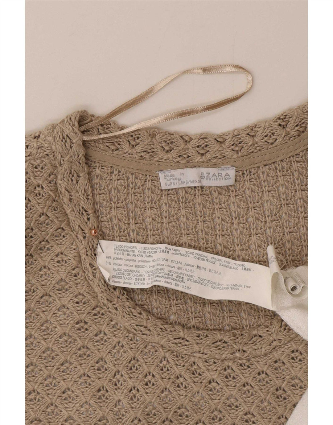 Zara Mujer Blusa De Ganchillo Top UK 42 Medio Beige Colorblock Poliéster