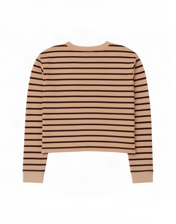 Zara Mujer Crop Top Manga Larga UK 44 Algodón Rayas Beige Medio